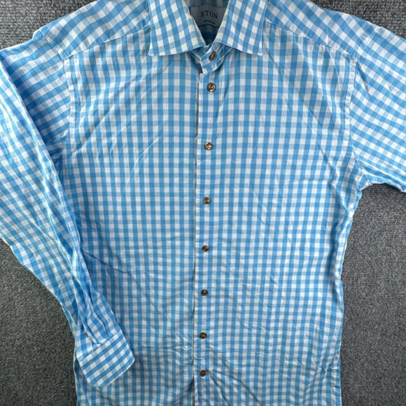 Eton Long Sleeve Button Up POPLIN 16 Cotton Designer Blue Check Contemporary - Picture 2 of 16